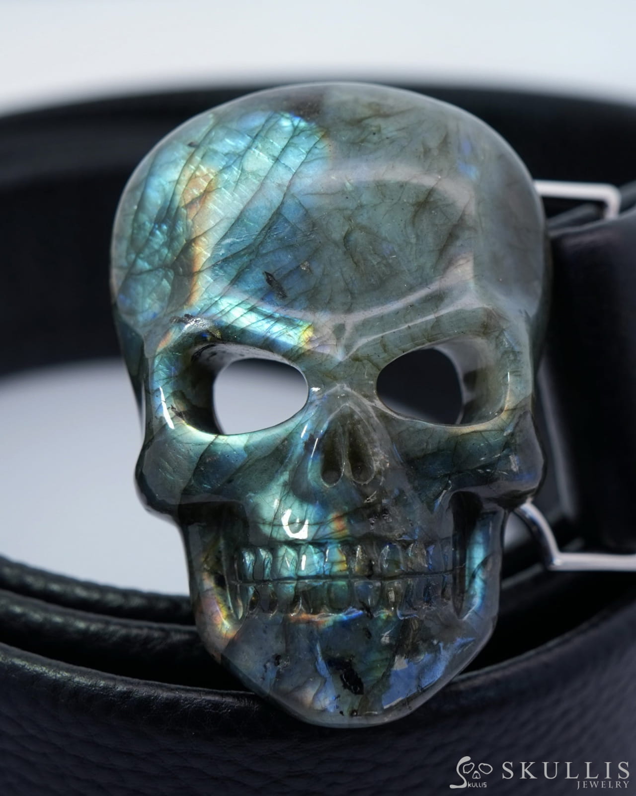 Gem Skull Buckle of Labradorite Carved Skull with Genuine Leather - 0500012 Skull Buckles