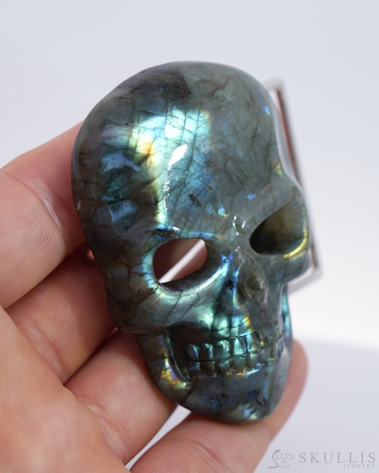 Gem Skull Buckle of Labradorite Carved Skull with Genuine Leather - 0500012 Skull Buckles