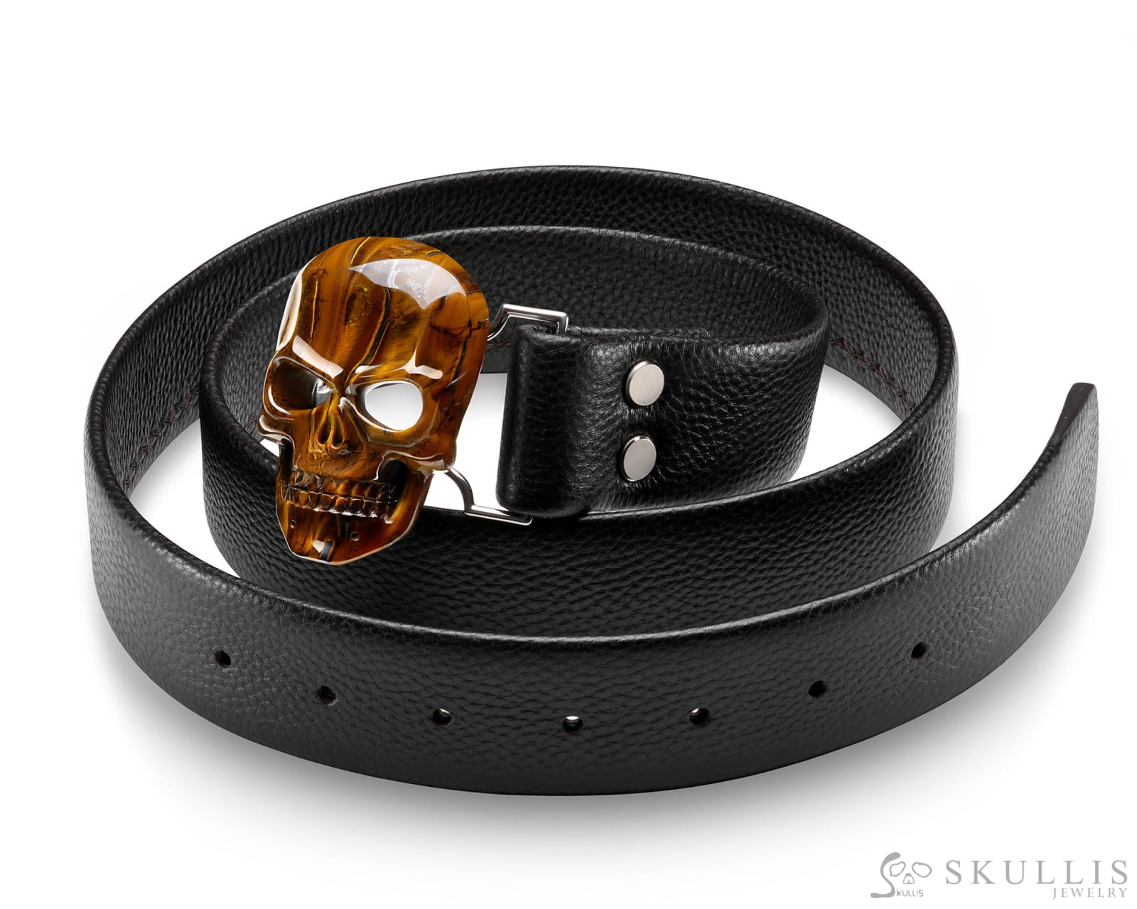 Gem Skull Buckle of Tiger Iron Eye Carved Skull with Genuine Leather Skull Buckles