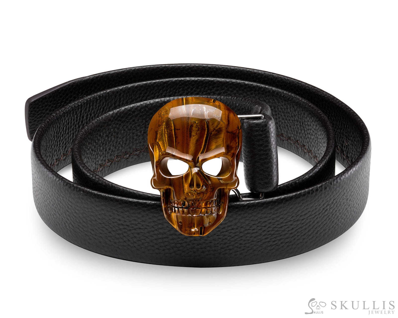 Gem Skull Buckle of Tiger Iron Eye Carved Skull with Genuine Leather Skull Buckles