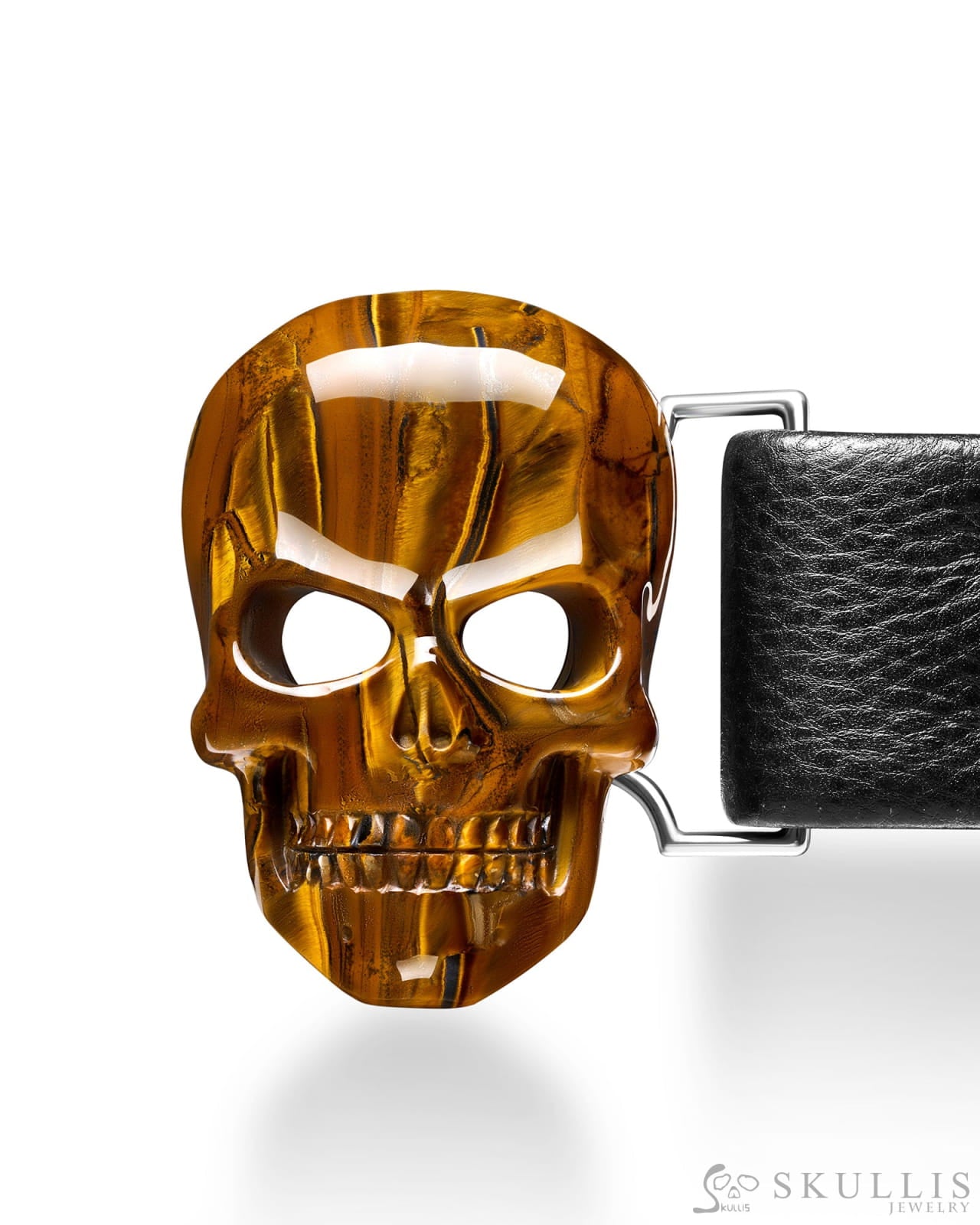 Gem Skull Buckle of Tiger Iron Eye Carved Skull with Genuine Leather Skull Buckles