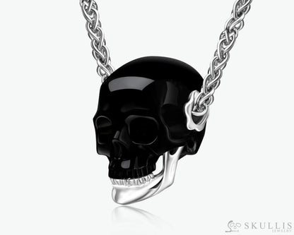Gem Skull Pendant Necklace Of Black Obsidian Carved Skull With Detachable Silver Jaw In