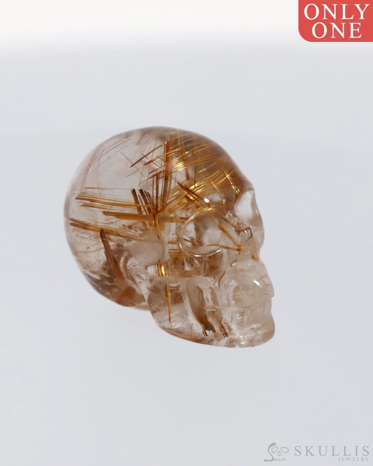 Gem Skull Of Rutilated Quartz Rock Crystal Carved Realistic Tiny Gemstone