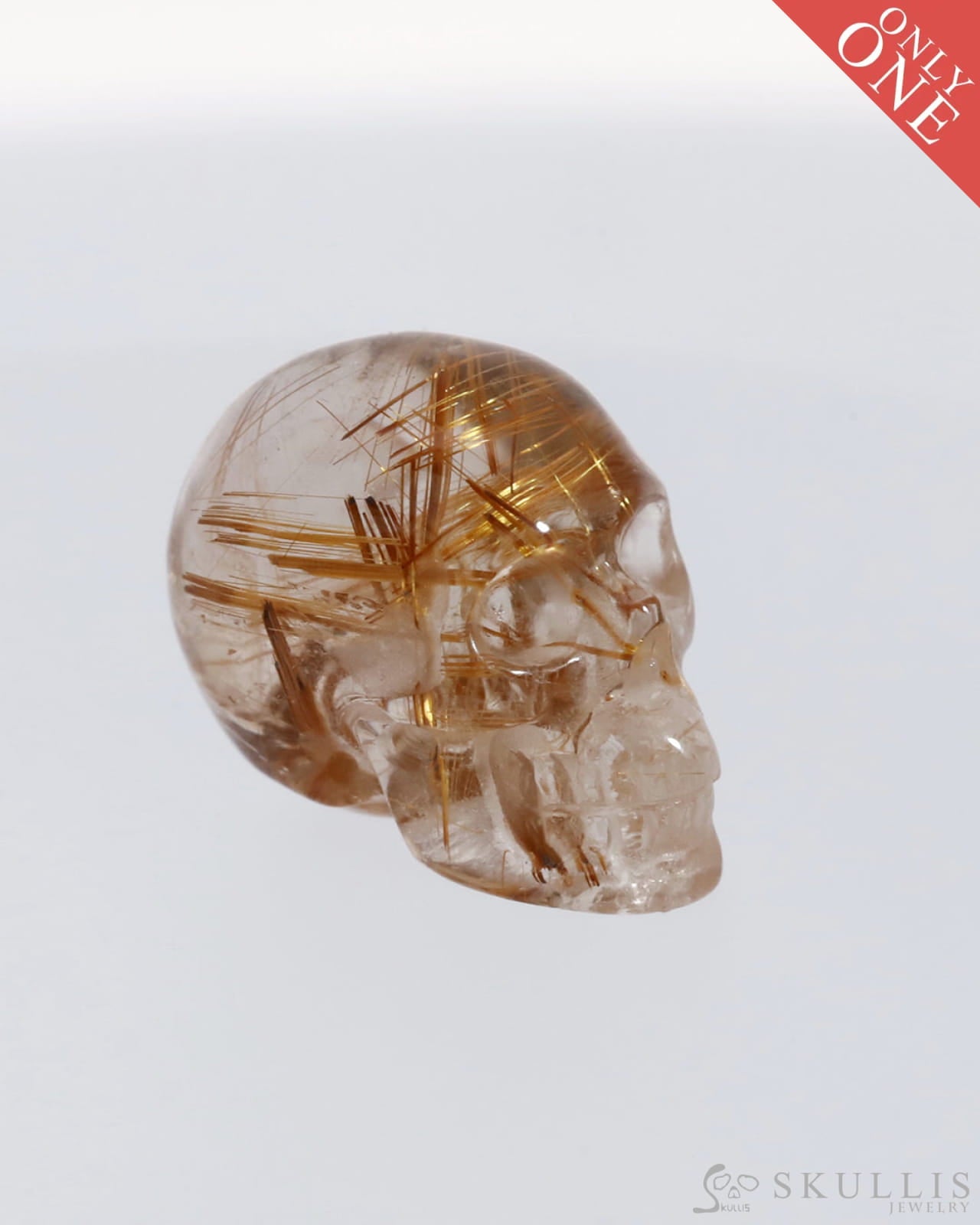 Gem Skull Of Rutilated Quartz Rock Crystal Carved Realistic Tiny Gemstone