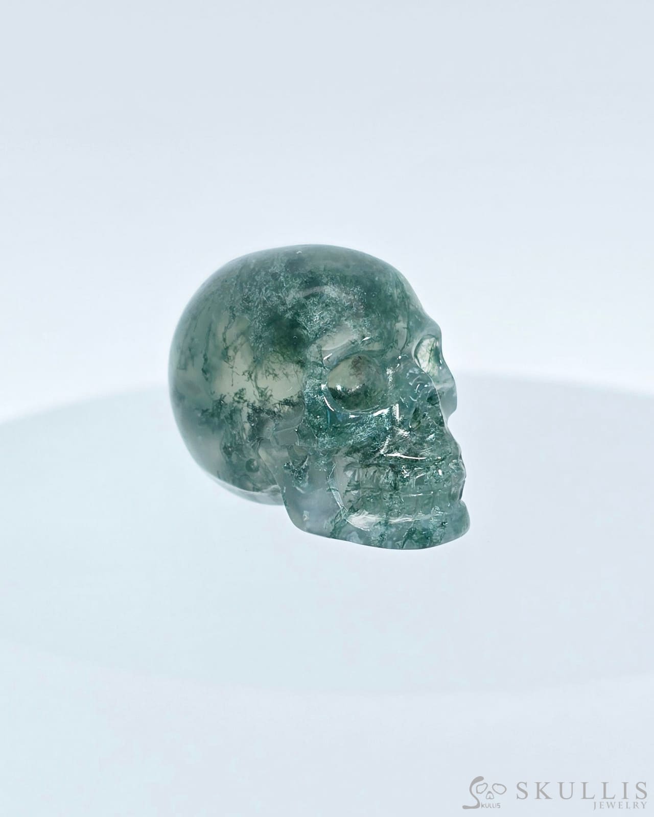 0.7’’ Green Moss Agate Carved Gem Skull Skullis Realistic - I9500074 Tiny Gemstone