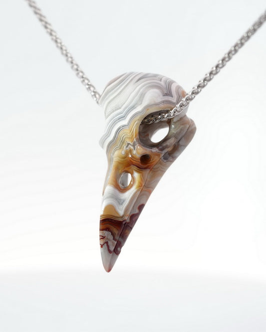 Gem Raven Skull Pendant Necklace of Red Crazy Lace Agate Carved Raven Skull - 0500016