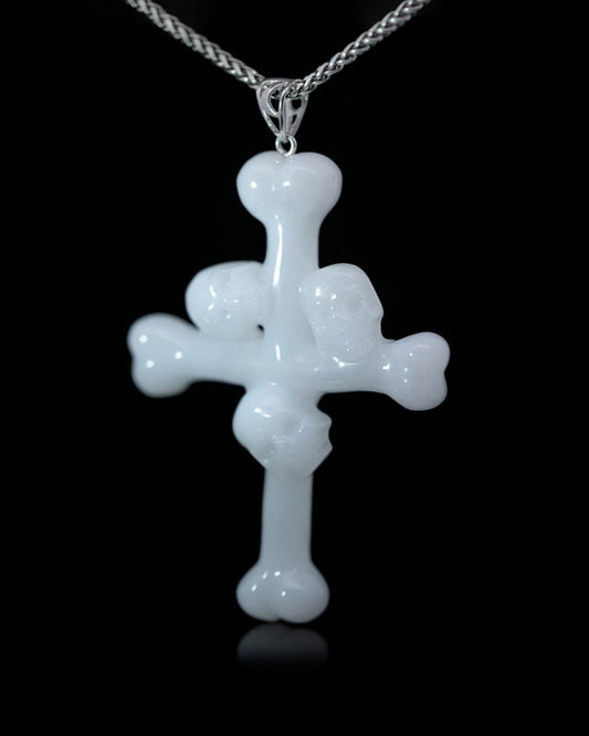 Memento Crucis - Gem Skull Pendant Necklace of White Jade Carved Skull with Trio and Bones Cross - 0500018