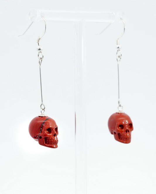 Gem Skull Earrings of Red Jasper Crystal Carved Skull - 0500025