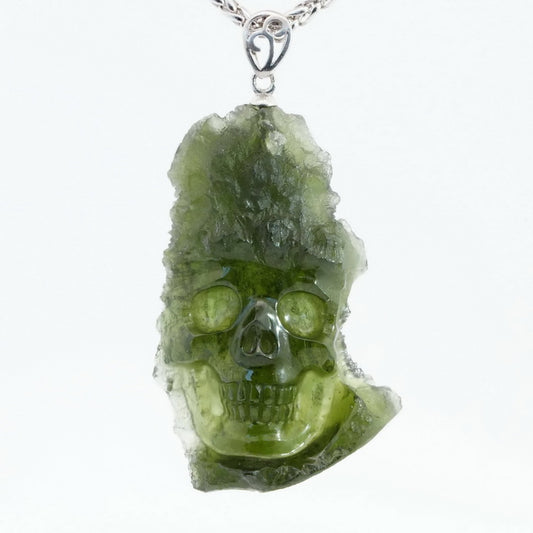 Rare Gem Skull Pendant Necklace of Moldavite Crystal Carved Skull, 925 Sterling Silver - 0500030