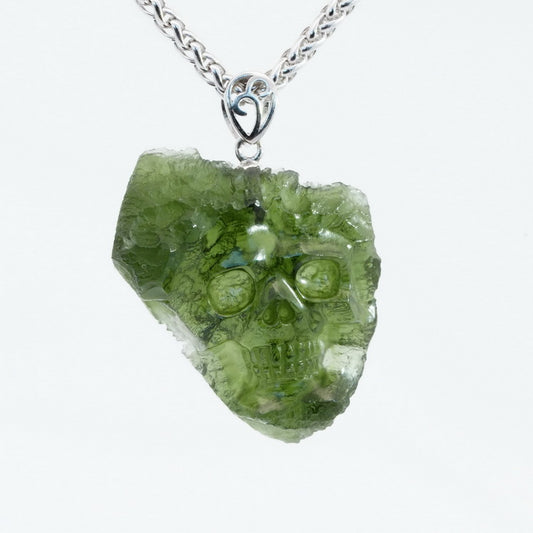 Rare Gem Skull Pendant Necklace of Moldavite Crystal Carved Skull, 925 Sterling Silver - 0500031