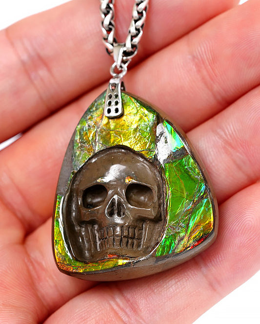 Skullis Ammolite Gem Skull Pendant or Necklace, Hand Carved, for Women & Men - 0500053