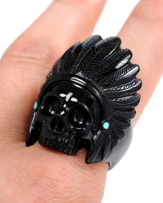 Gem Skull Ring of Black Obsidian Carved Skull in 925 Sterling Silver US size 10.5- 0500054