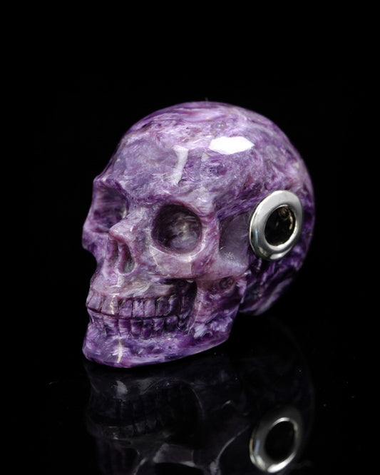 Skullis Signature Spiderweb Russian Charoite Gem Skull Pendant or Necklace, Hand Carved, for Women & Men - 0500056