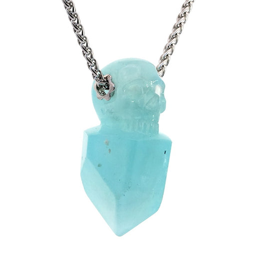 Gem Skull Pendant Necklace of Aquamarine Carved Skull, 925 Sterling Silver - 0800033