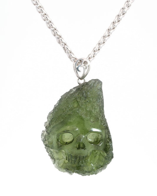 Rare Gem Skull Pendant Necklace of Moldavite Crystal Carved Skull, 925 Sterling Silver - 0800034