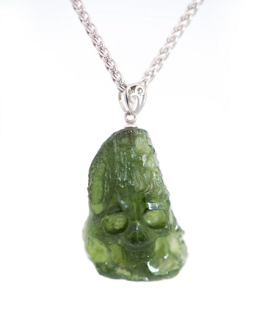 Rare Gem Skull Pendant Necklace of Moldavite Crystal Carved Skull, 925 Sterling Silver - 0800035