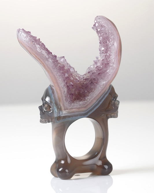 Gem Skull Ring of Agate Amethyst Druse Carved Totally, US size 10 - 0800064
