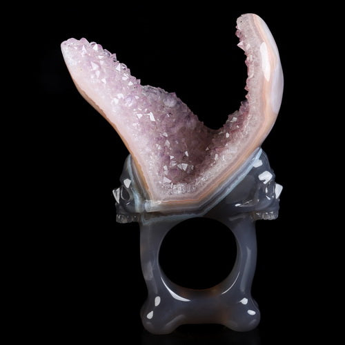 Gem Skull Ring of Agate Amethyst Druse Carved Totally, US size 10 - 0800064