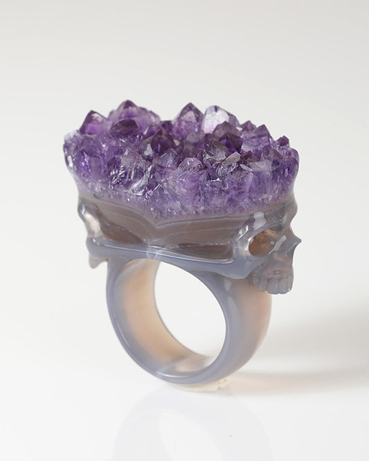 Gem Skull Ring of Amethyst & Agate Carved Skull US size 10- 0800066