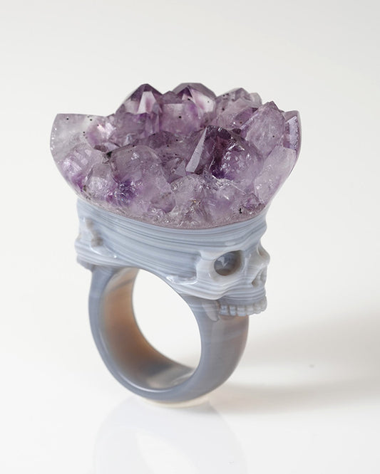 Gem Skull Ring of Amethyst & Agate Carved Skull US size 8.5- 0800067