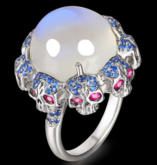 Circle of Fate - Gem Skull Ring of Round Cut Moonstone Carved with Skull Ruby Skulls in 925 Sterling Silver