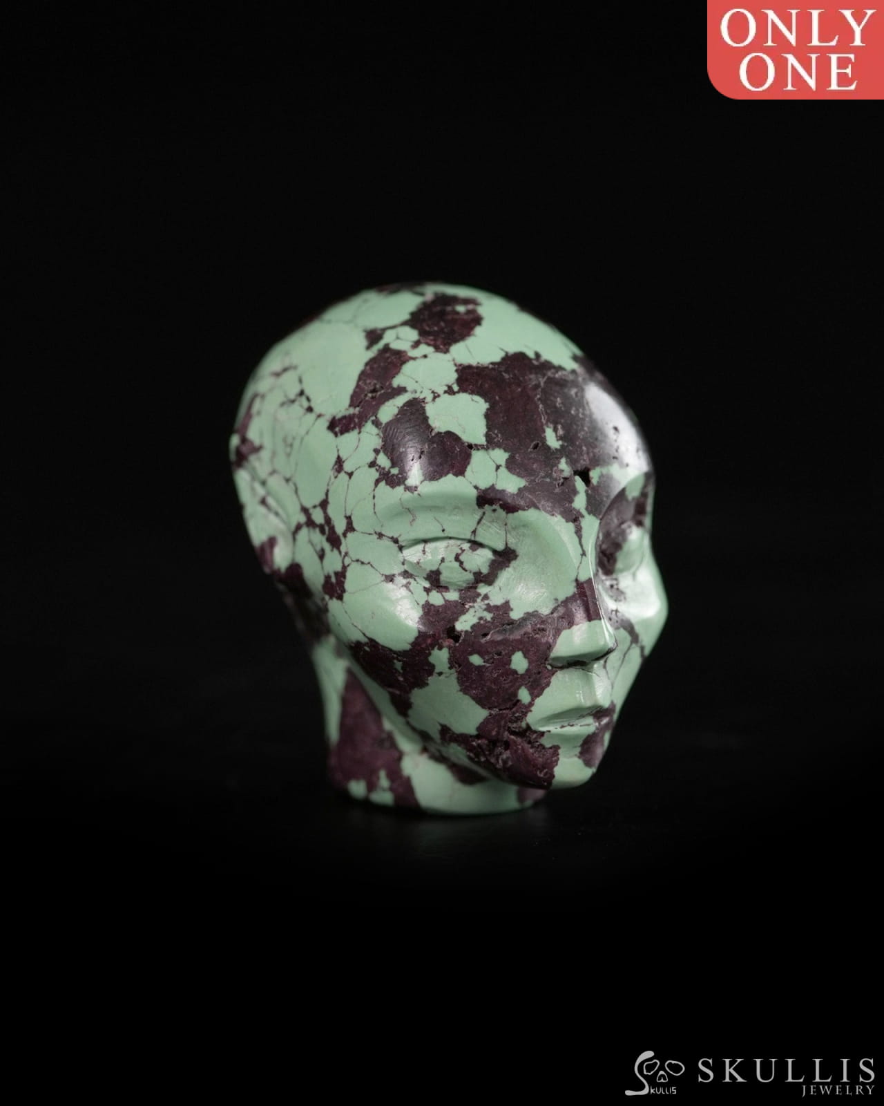 1.0’’ Spiderweb Turquoise (Matrix Turquoise) Hand Carved Gem Elf Skullis Realistic - 9900361 - Tiny Gemstone Skull