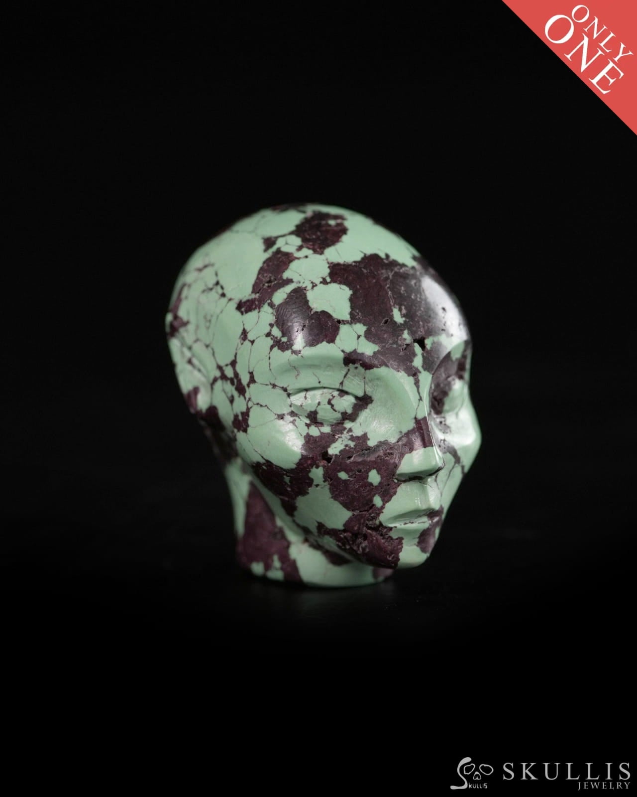 1.0’’ Spiderweb Turquoise (Matrix Turquoise) Hand Carved Gem Elf Skullis Realistic - 9900361 - Tiny Gemstone Skull