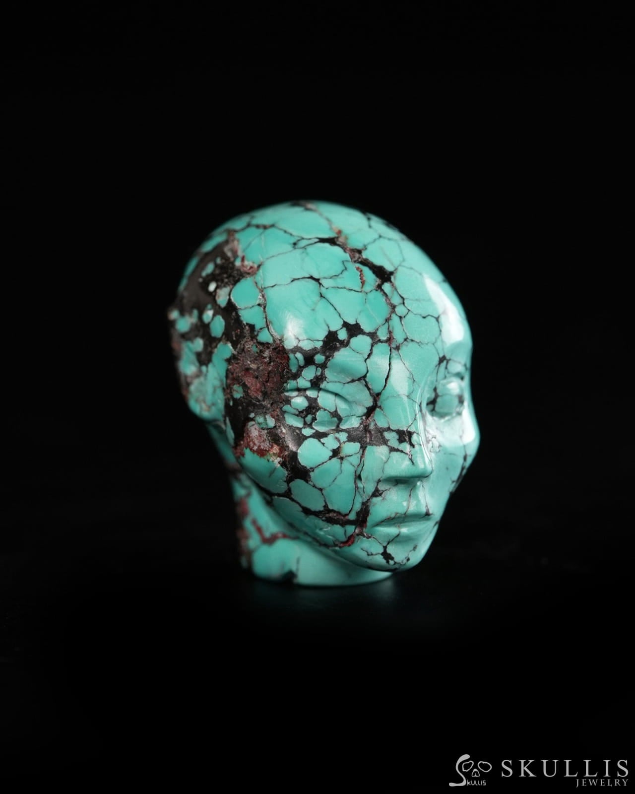 1.0’’ Spiderweb Turquoise (Matrix Turquoise) Hand Carved Gem Elf Skullis Realistic - 9900363 - Tiny Gemstone Skull