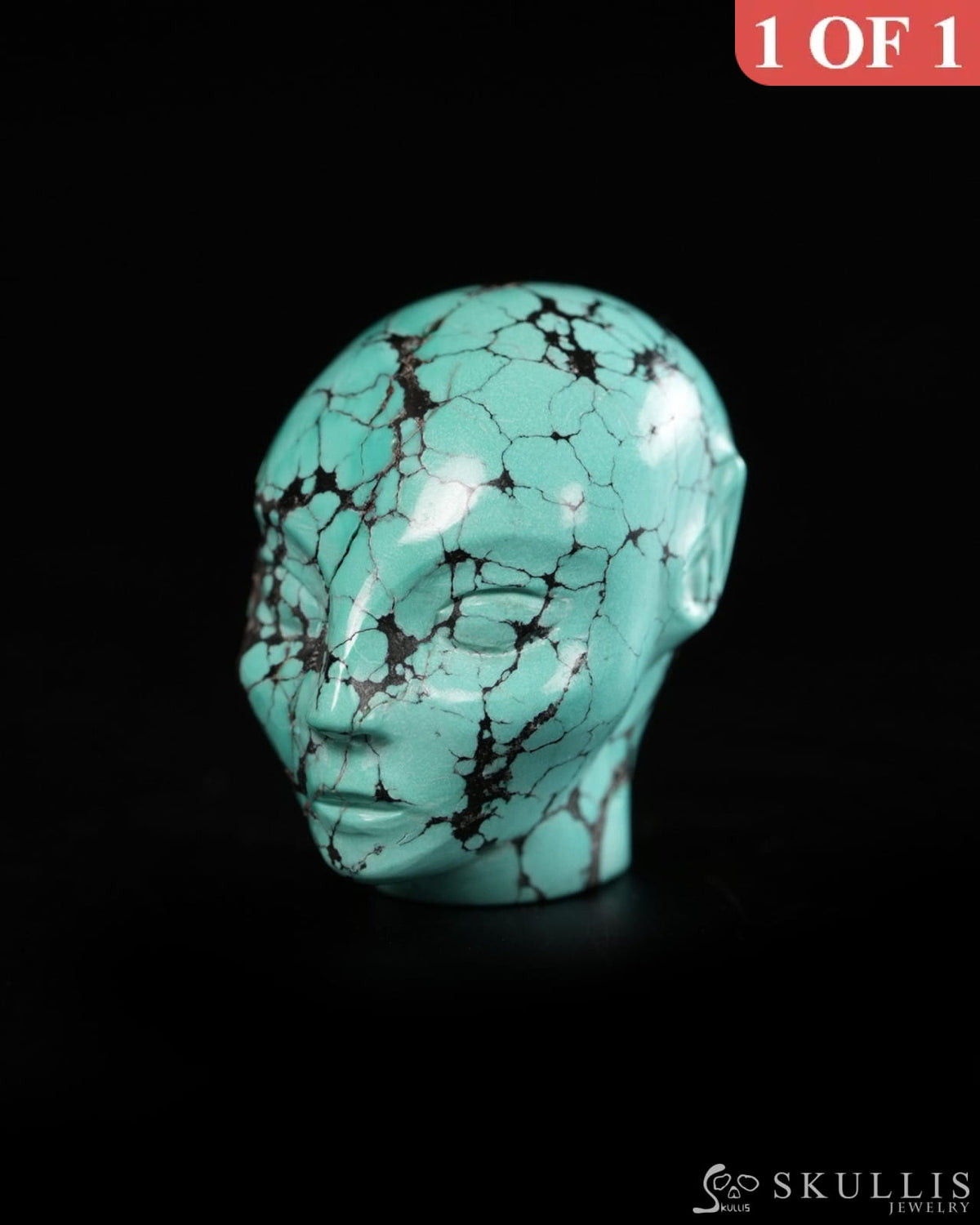 1.0’’ Spiderweb Turquoise (Matrix Turquoise) Hand Carved Gem Elf Skullis Realistic - 9900363 - Tiny Gemstone Skull
