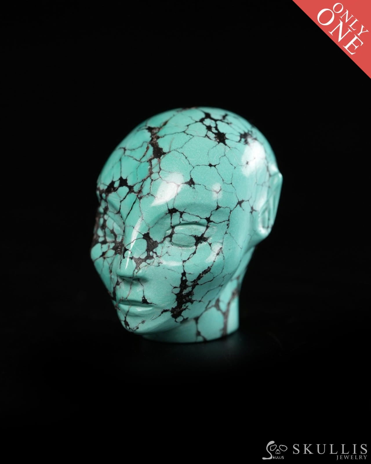 1.0’’ Spiderweb Turquoise (Matrix Turquoise) Hand Carved Gem Elf Skullis Realistic - 9900363 - Tiny Gemstone Skull