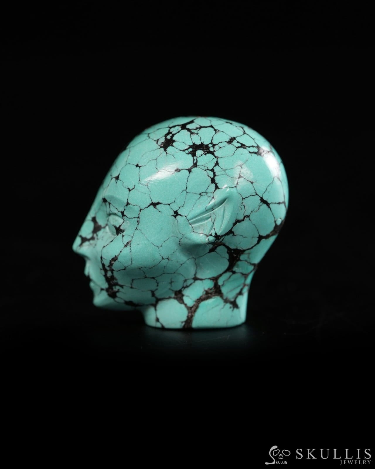 1.0’’ Spiderweb Turquoise (Matrix Turquoise) Hand Carved Gem Elf Skullis Realistic - 9900363 - Tiny Gemstone Skull