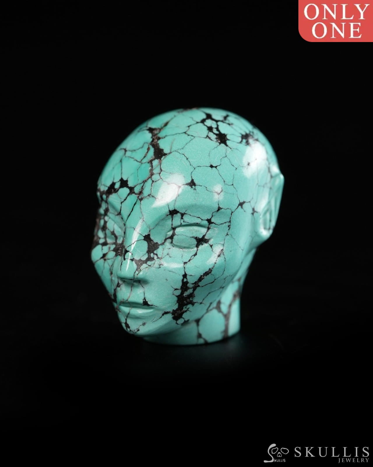 1.0’’ Spiderweb Turquoise (Matrix Turquoise) Hand Carved Gem Elf Skullis Realistic - 9900363 - Tiny Gemstone Skull