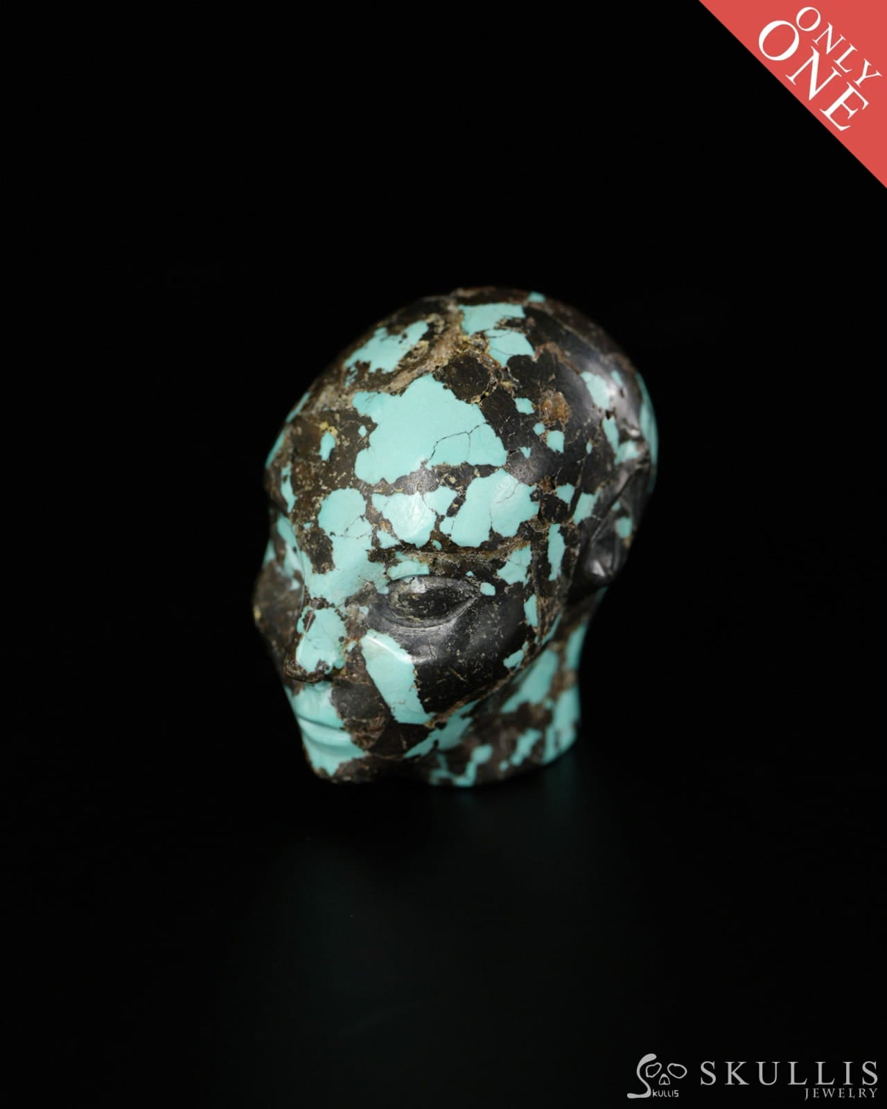 1.2’’ Spiderweb Turquoise (Matrix Turquoise) Hand Carved Gem Elf Skullis Realistic - 9900521 - Tiny Gemstone Skull