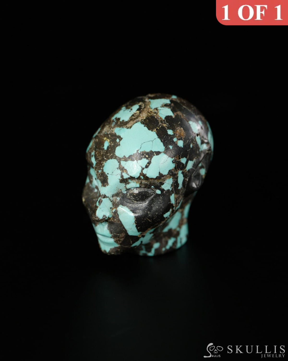 1.2’’ Spiderweb Turquoise (Matrix Turquoise) Hand Carved Gem Elf Skullis Realistic - 9900521 - Tiny Gemstone Skull