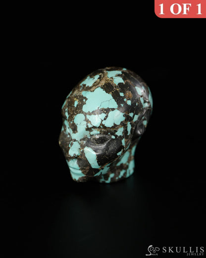 1.2’’ Spiderweb Turquoise (Matrix Turquoise) Hand Carved Gem Elf Skullis Realistic - 9900521 - Tiny Gemstone Skull