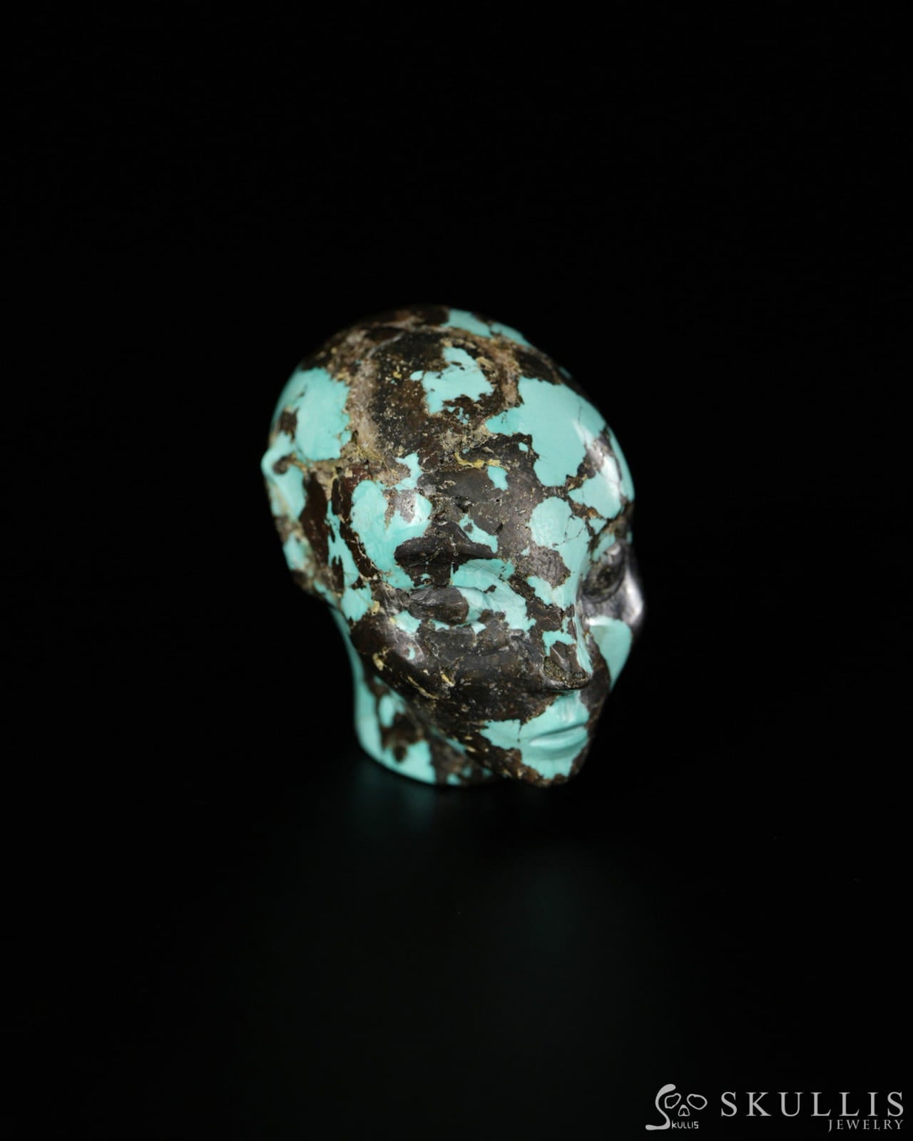 1.2’’ Spiderweb Turquoise (Matrix Turquoise) Hand Carved Gem Elf Skullis Realistic - 9900521 - Tiny Gemstone Skull