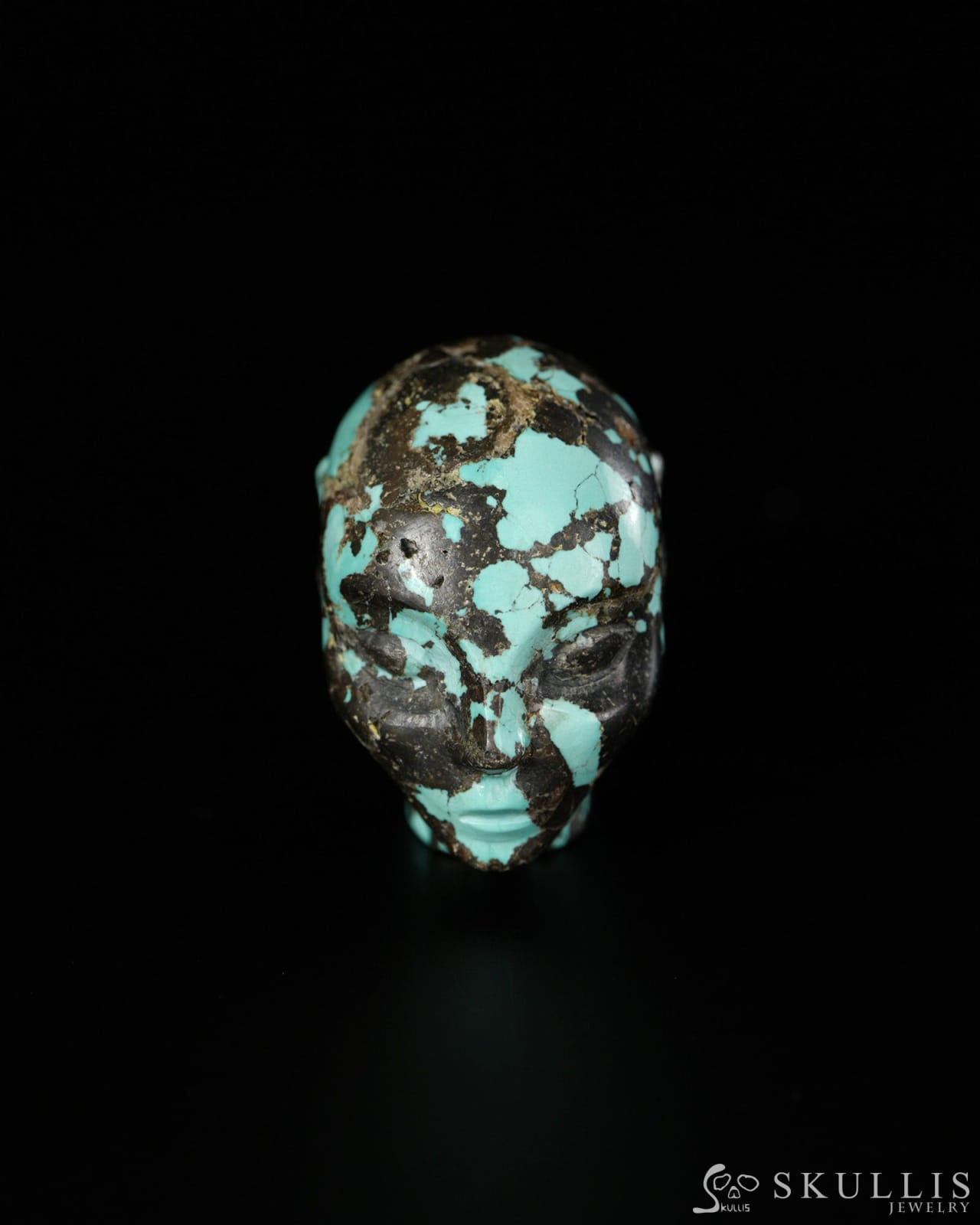 1.2’’ Spiderweb Turquoise (Matrix Turquoise) Hand Carved Gem Elf Skullis Realistic - 9900521 - Tiny Gemstone Skull