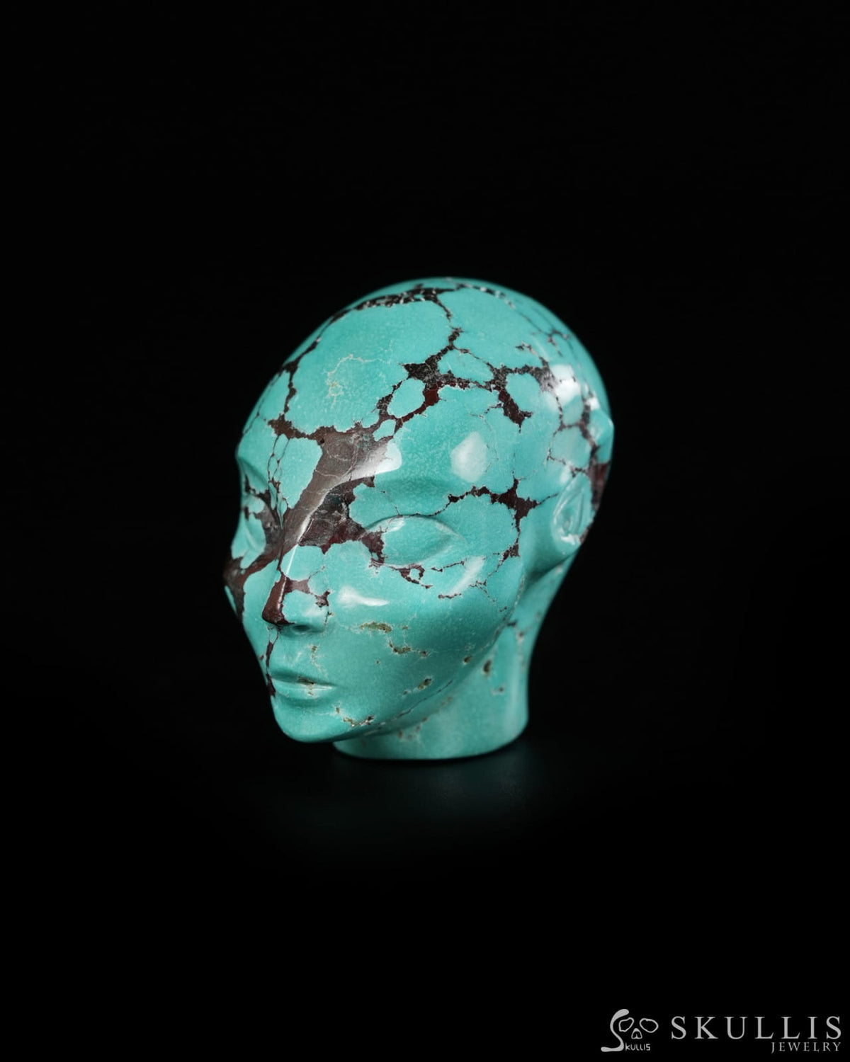 1.2’’ Spiderweb Turquoise (Matrix Turquoise) Hand Carved Gem Elf Skullis Realistic - 9900533 - Tiny Gemstone Skull