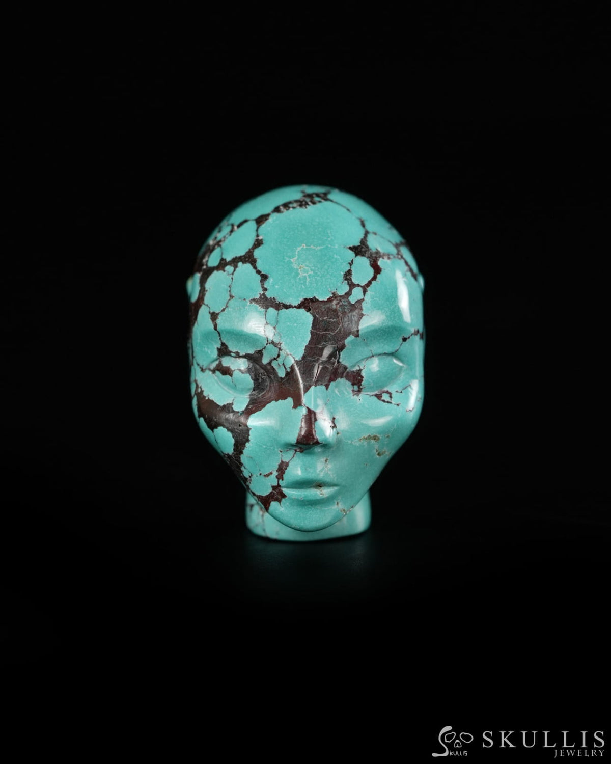 1.2’’ Spiderweb Turquoise (Matrix Turquoise) Hand Carved Gem Elf Skullis Realistic - 9900533 - Tiny Gemstone Skull