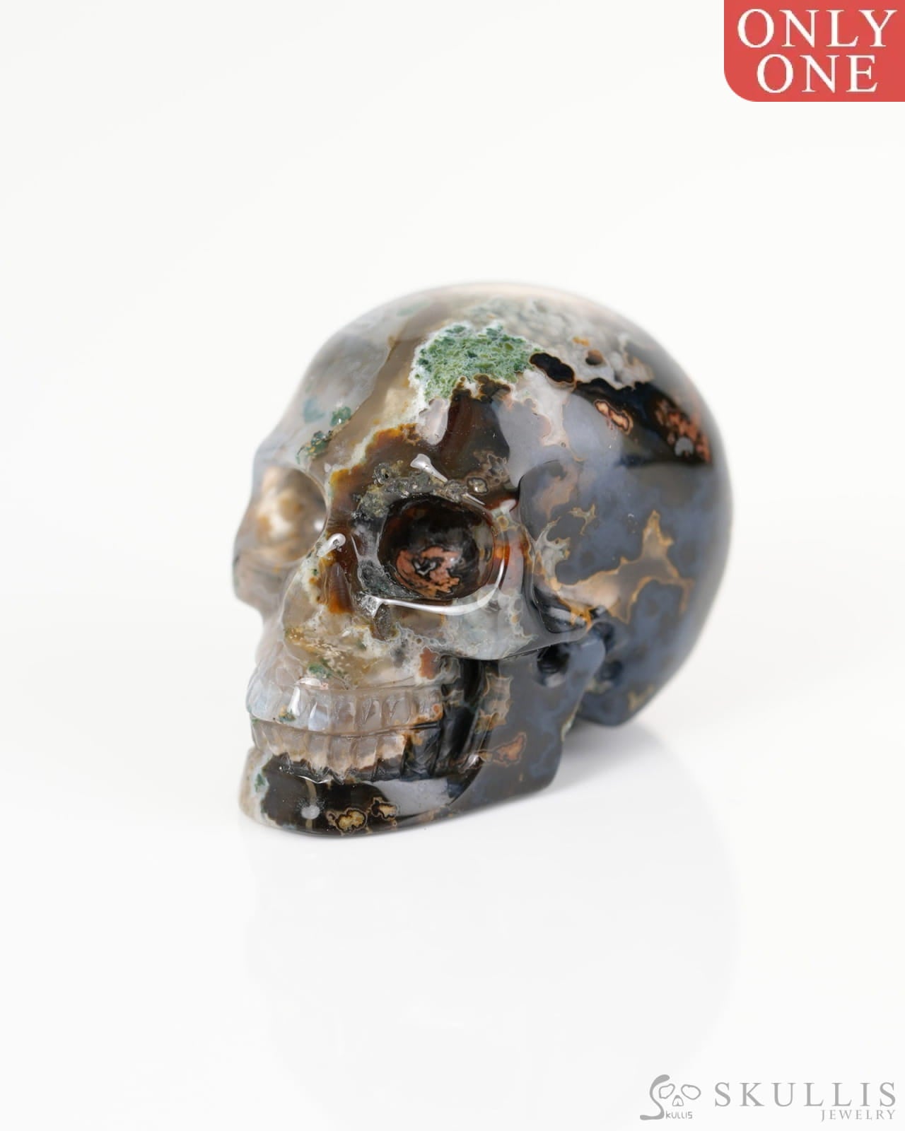 1.3’’ Green Moss Agate Carved Gem Skull Skullis Realistic - 9800342 Tiny Gemstone Skull