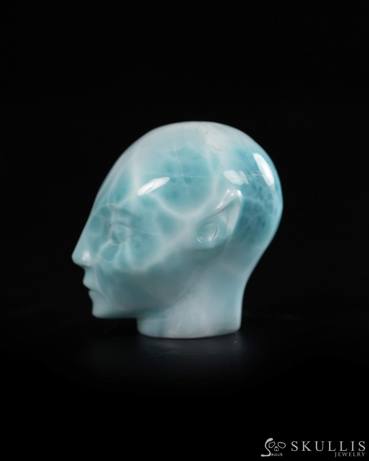 1.3’’ Larimar Hand Carved Gem Elf Skullis Realistic - 9900359 - Tiny Gemstone Skull