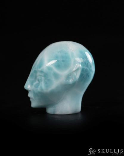 1.3’’ Larimar Hand Carved Gem Elf Skullis Realistic - 9900359 - Tiny Gemstone Skull