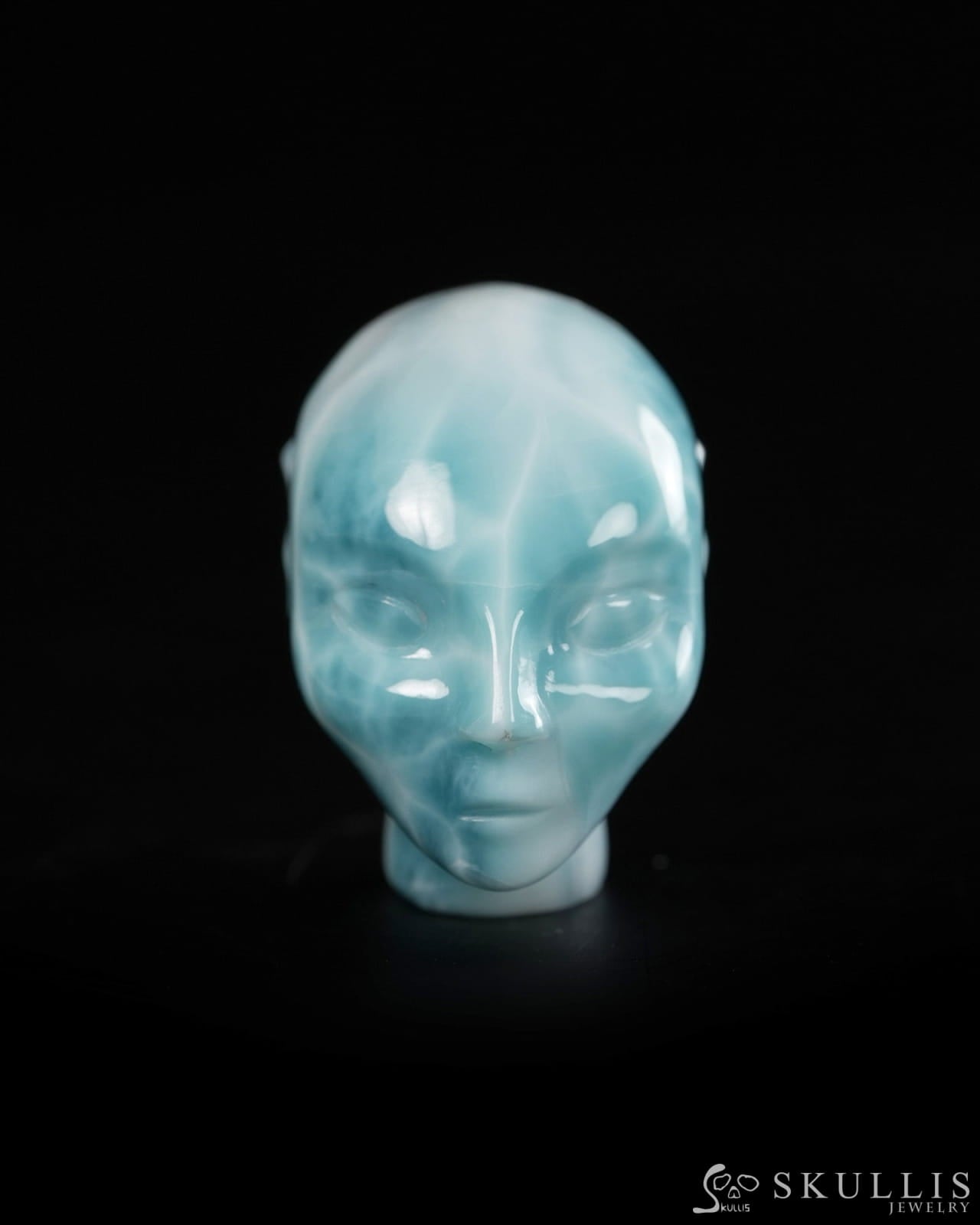 1.3’’ Larimar Hand Carved Gem Elf Skullis Realistic - 9900359 - Tiny Gemstone Skull
