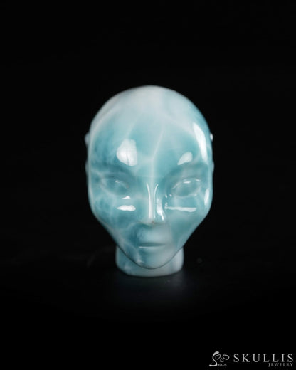 1.3’’ Larimar Hand Carved Gem Elf Skullis Realistic - 9900359 - Tiny Gemstone Skull