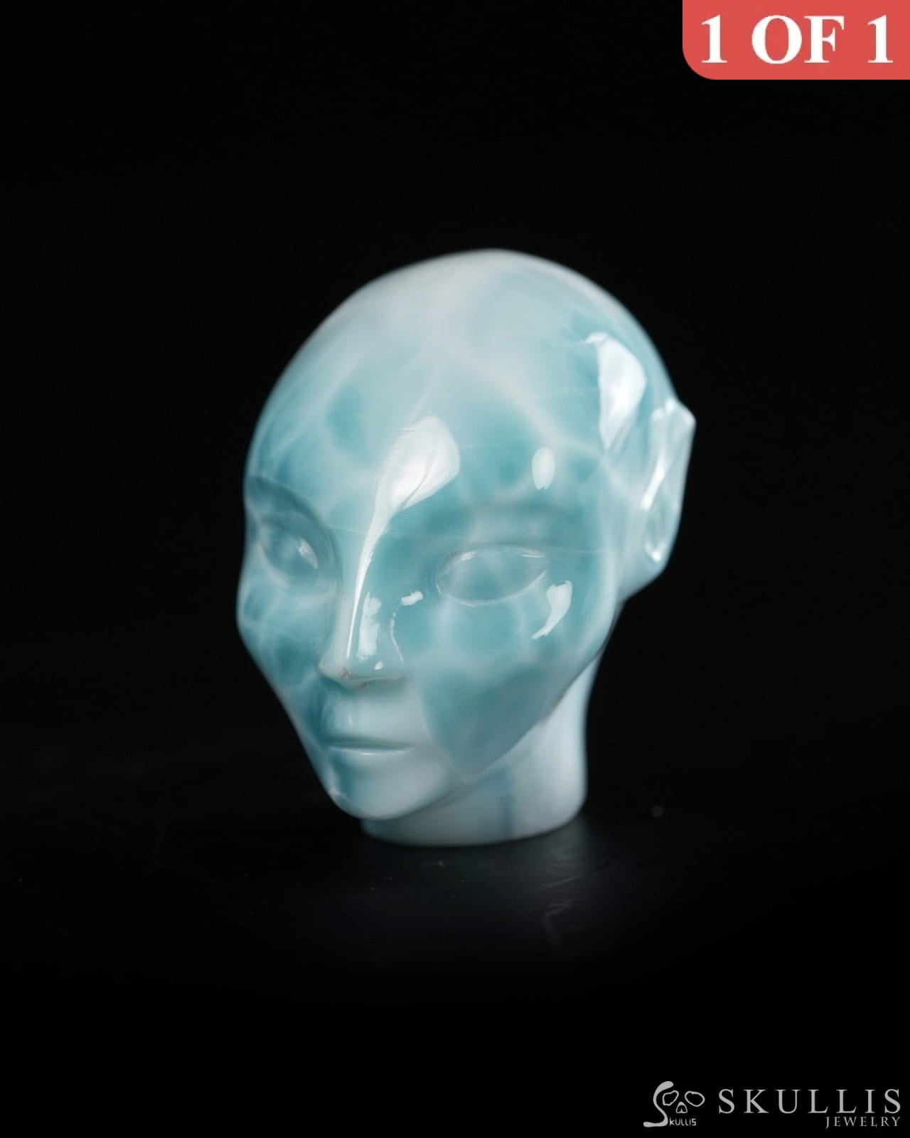 1.3’’ Larimar Hand Carved Gem Elf Skullis Realistic - 9900359 - Tiny Gemstone Skull