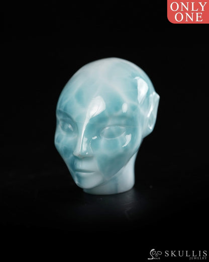 1.3’’ Larimar Hand Carved Gem Elf Skullis Realistic - 9900359 - Tiny Gemstone Skull