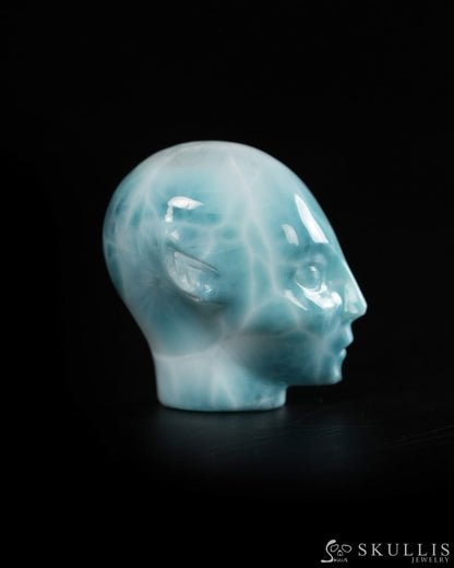 1.3’’ Larimar Hand Carved Gem Elf Skullis Realistic - 9900359 - Tiny Gemstone Skull