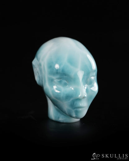 1.3’’ Larimar Hand Carved Gem Elf Skullis Realistic - 9900359 - Tiny Gemstone Skull