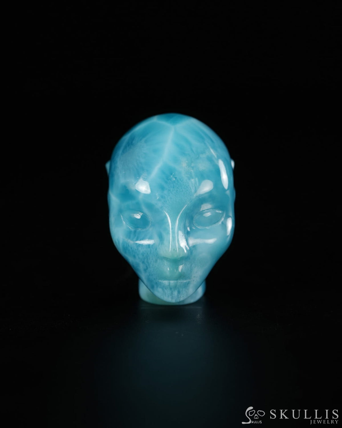 1.4’’ Larimar Hand Carved Gem Elf Skullis Realistic - 9900532 - Tiny Gemstone Skull