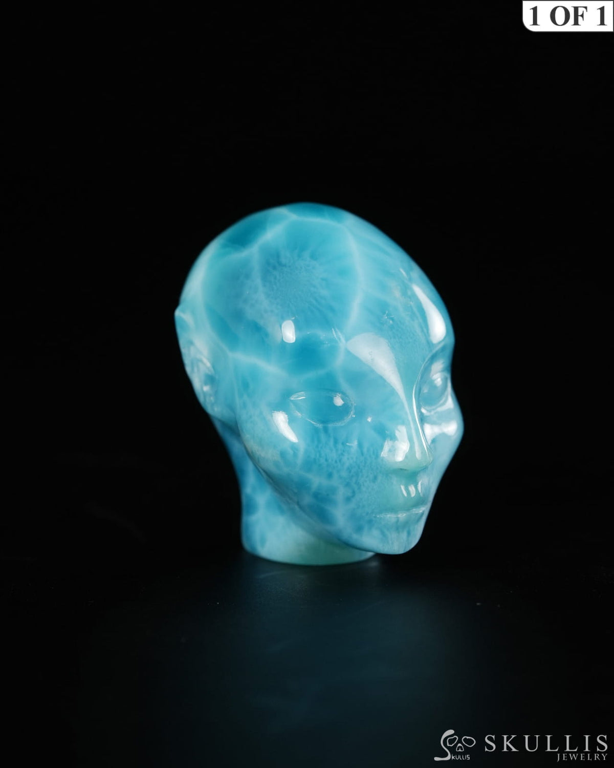 1.4’’ Larimar Hand Carved Gem Elf Skullis Realistic - 9900532 - Tiny Gemstone Skull